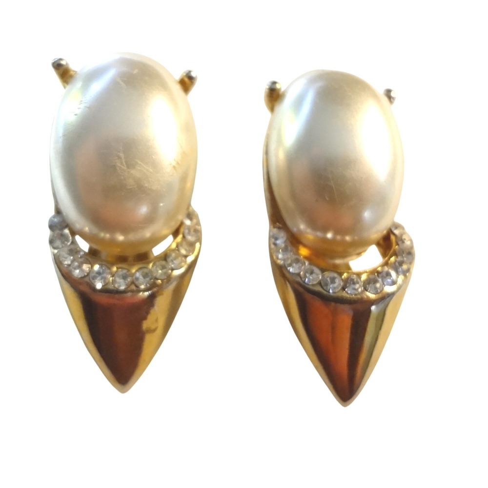 Vintage Clip On Earrings Gold Good Faux Pearl Rhinestone Shield Retro